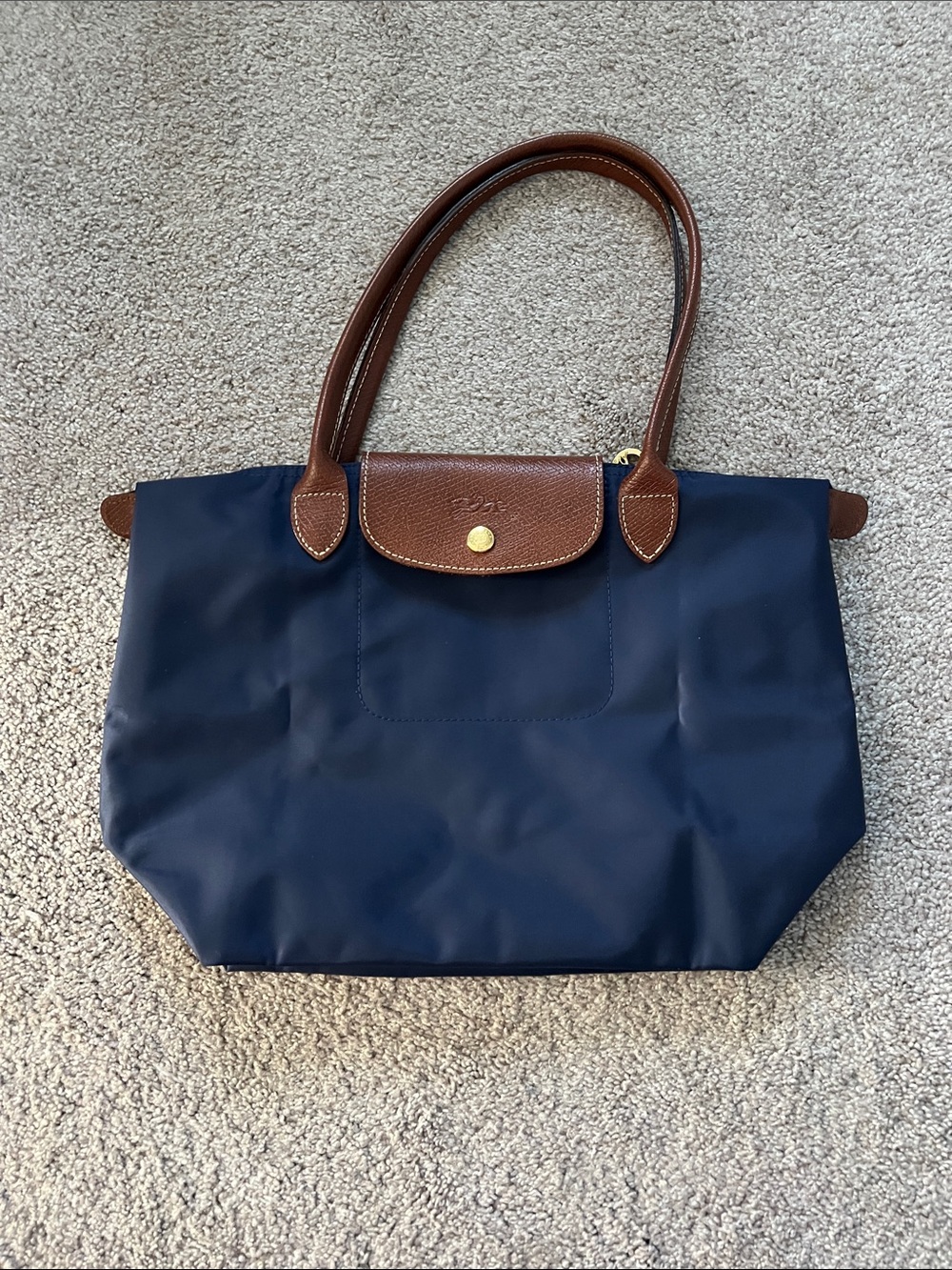 Longchamp navy small tote with brown leather trim